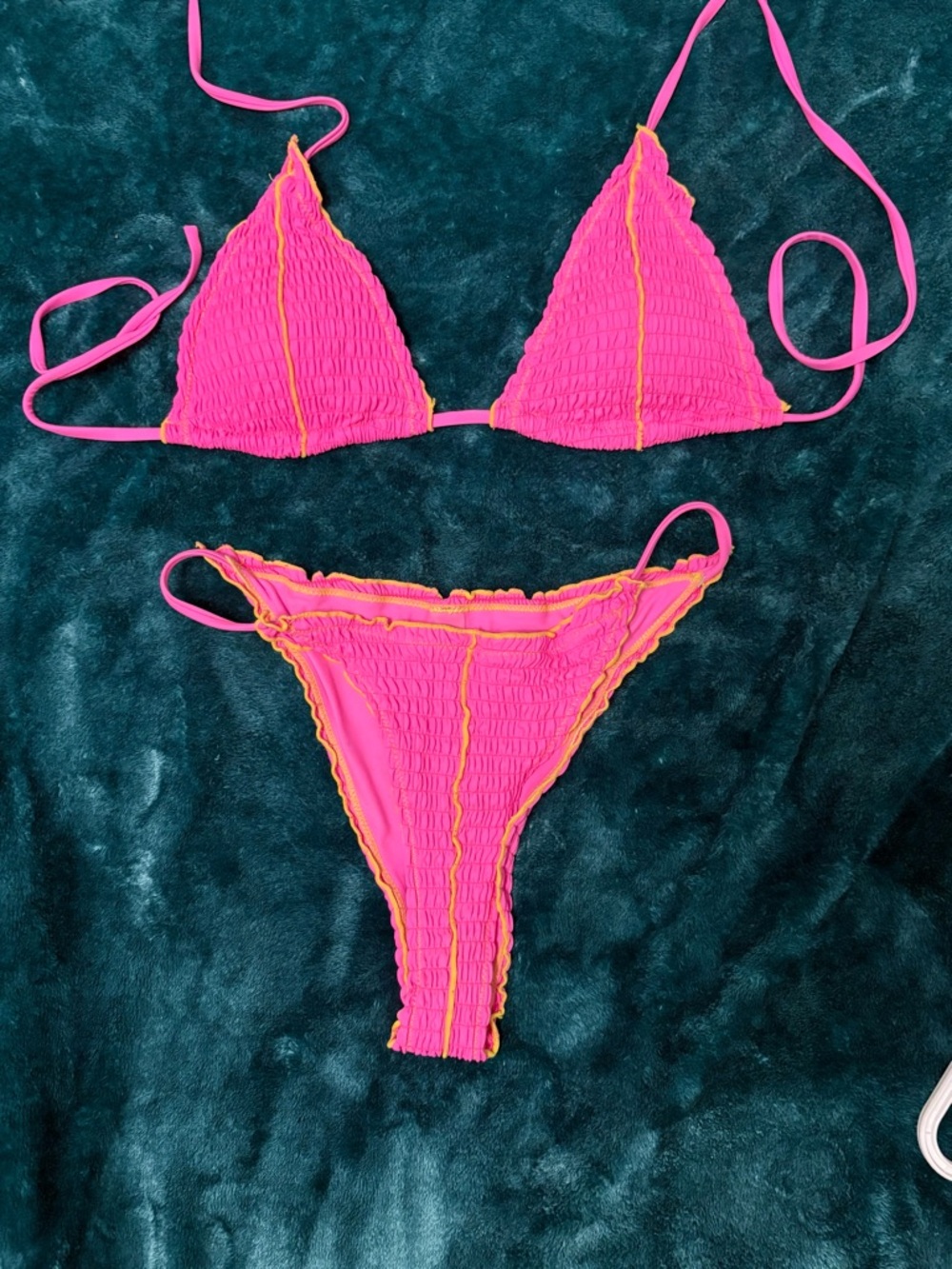 Pink Textured Triangle Bikini with Orange Trim - Women Swim